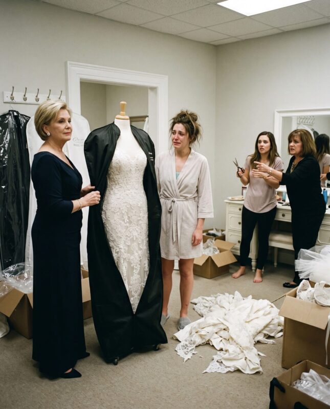 Drei Stunden vor meiner Hochzeit zerschnitt meine Schwester mein Brautkleid … Doch als meine Schwiegermutter eine schwarze Kleiderhülle öffnete, erstarrten alle vor Schock.